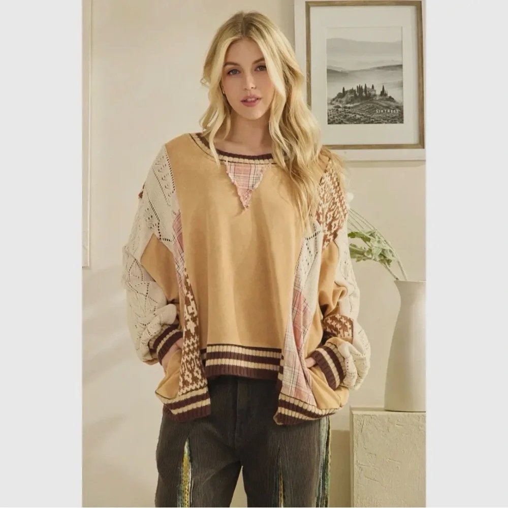 Oli & Hali Patchwork Beige Cream and Brown Knit Pullover